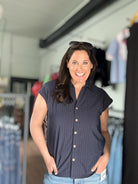 Pixie Pinstripe Button Down Drop Shoulder Collared Shirt - The Girl on Ivy