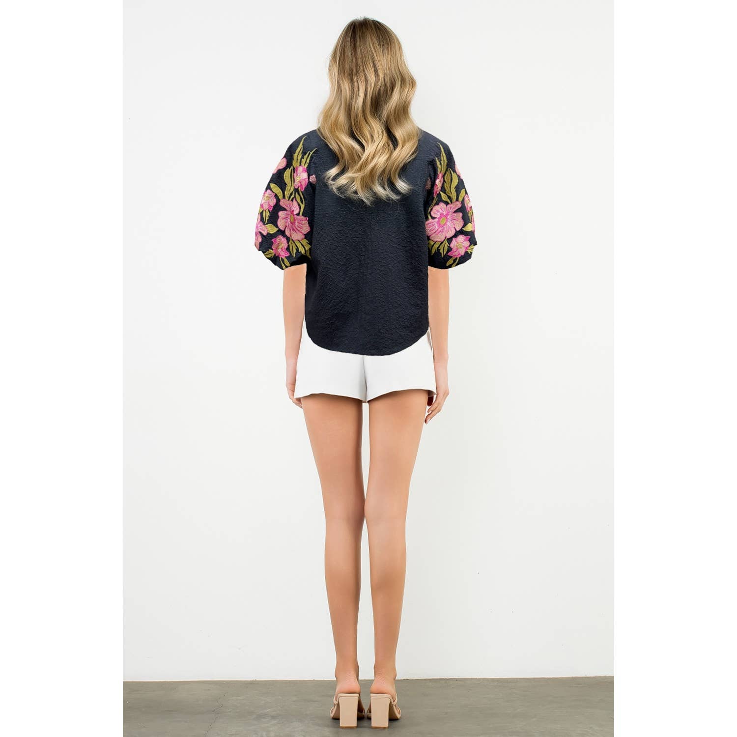 Navy THML Embroidered Puff Sleeve V-Neck Top - The Girl on Ivy