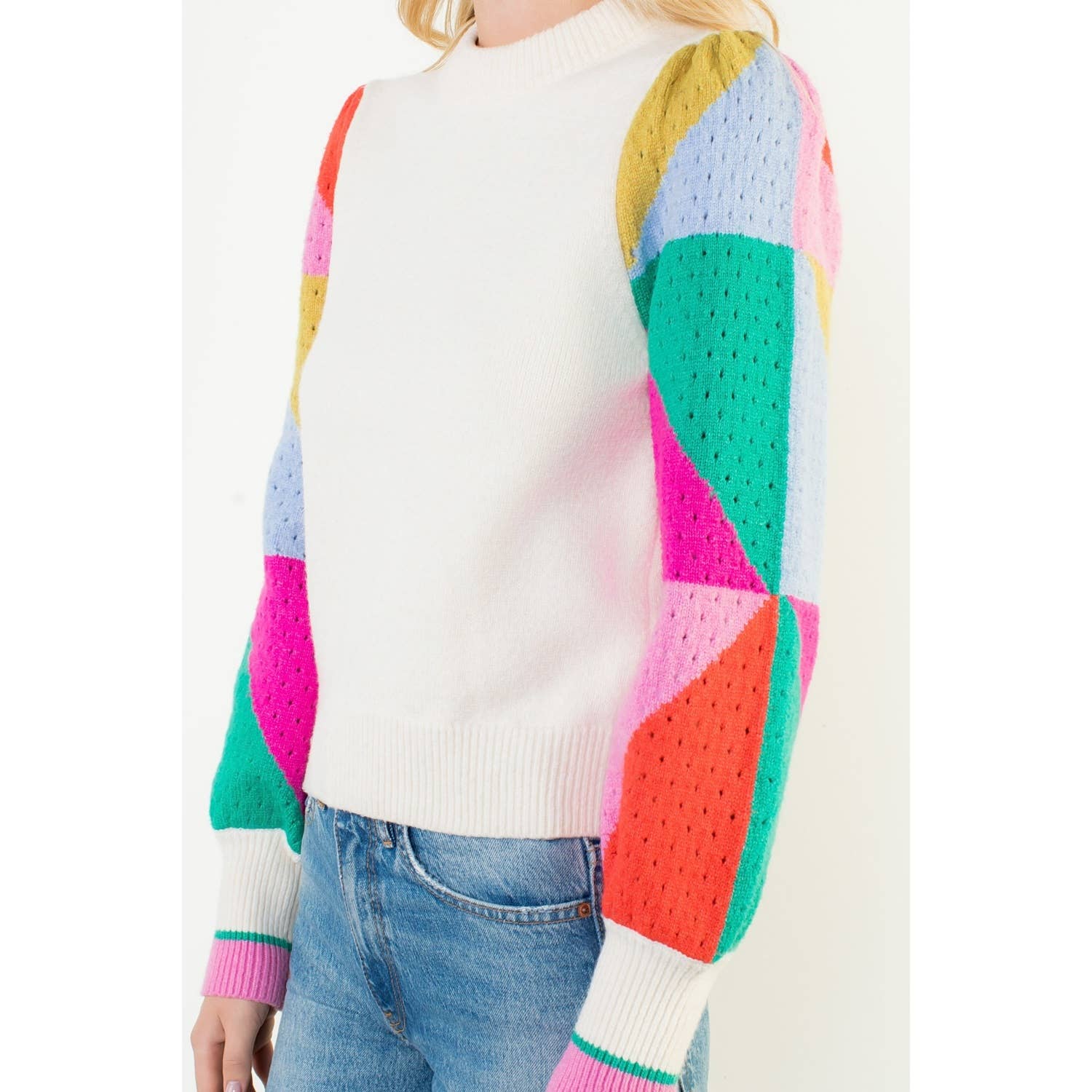 Colorful crochet sleeve with white sweater 
