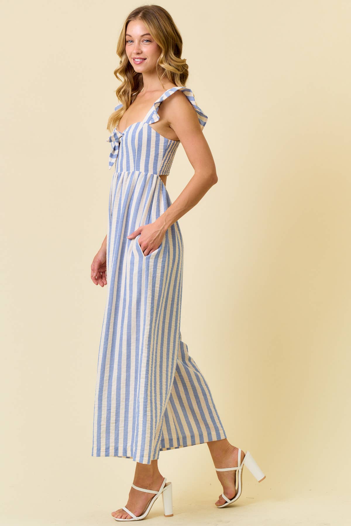 STRIPE COTTON GAUZE WIDE LEG CULOTTE JUMPSUIT - 28215R - The Girl on Ivy