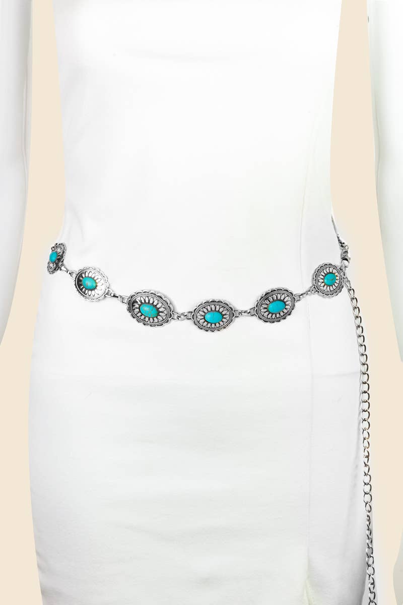 Floral Turquoise Western Concho Disc Chain Belt - The Girl on Ivy