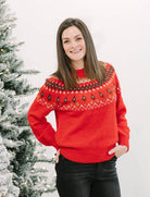 RED FUZZY FAIR ISLE CREW NECK KNIT PULLOVER SWEATER - The Girl on Ivy