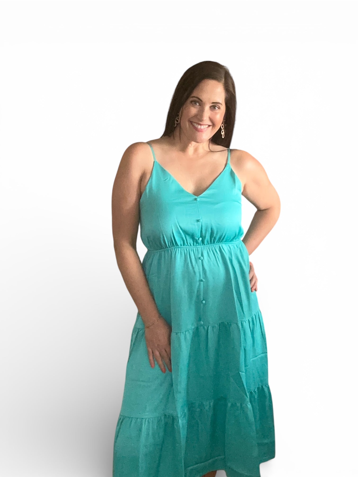 aqua spaghetti strap midi dress with elastic waist and buttons