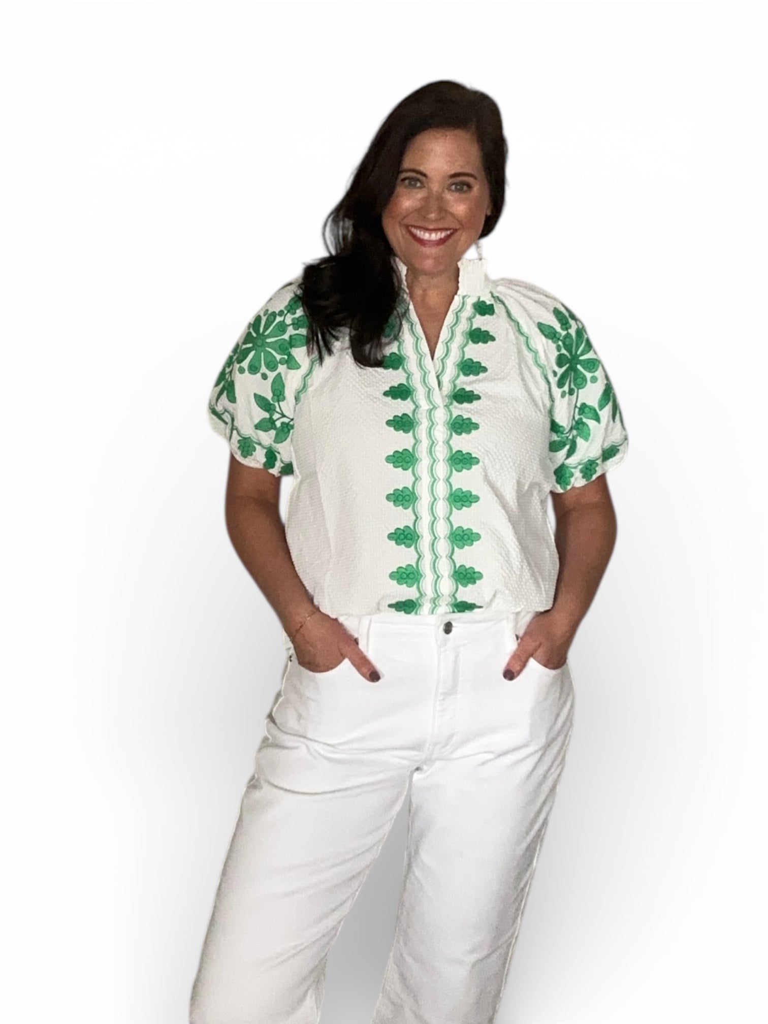 Eliana THML Embroidered Smocked Neck Puff Top - The Girl on Ivy