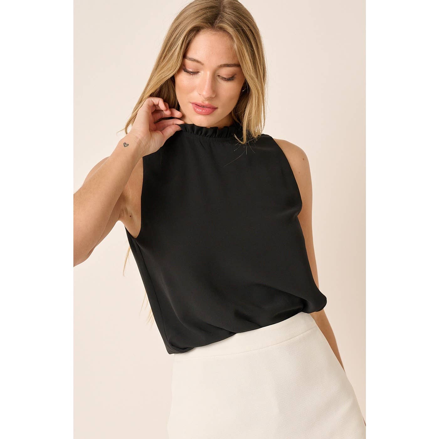 Sheila Solid Ruffle Mock Neck Sleeveless Blouse (Royal Blue or Black) - The Girl on Ivy