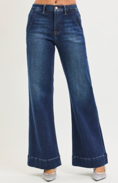 Tummy Control Hi Rise Wide Flare with Wide Hem Dark Wash - The Girl on Ivy