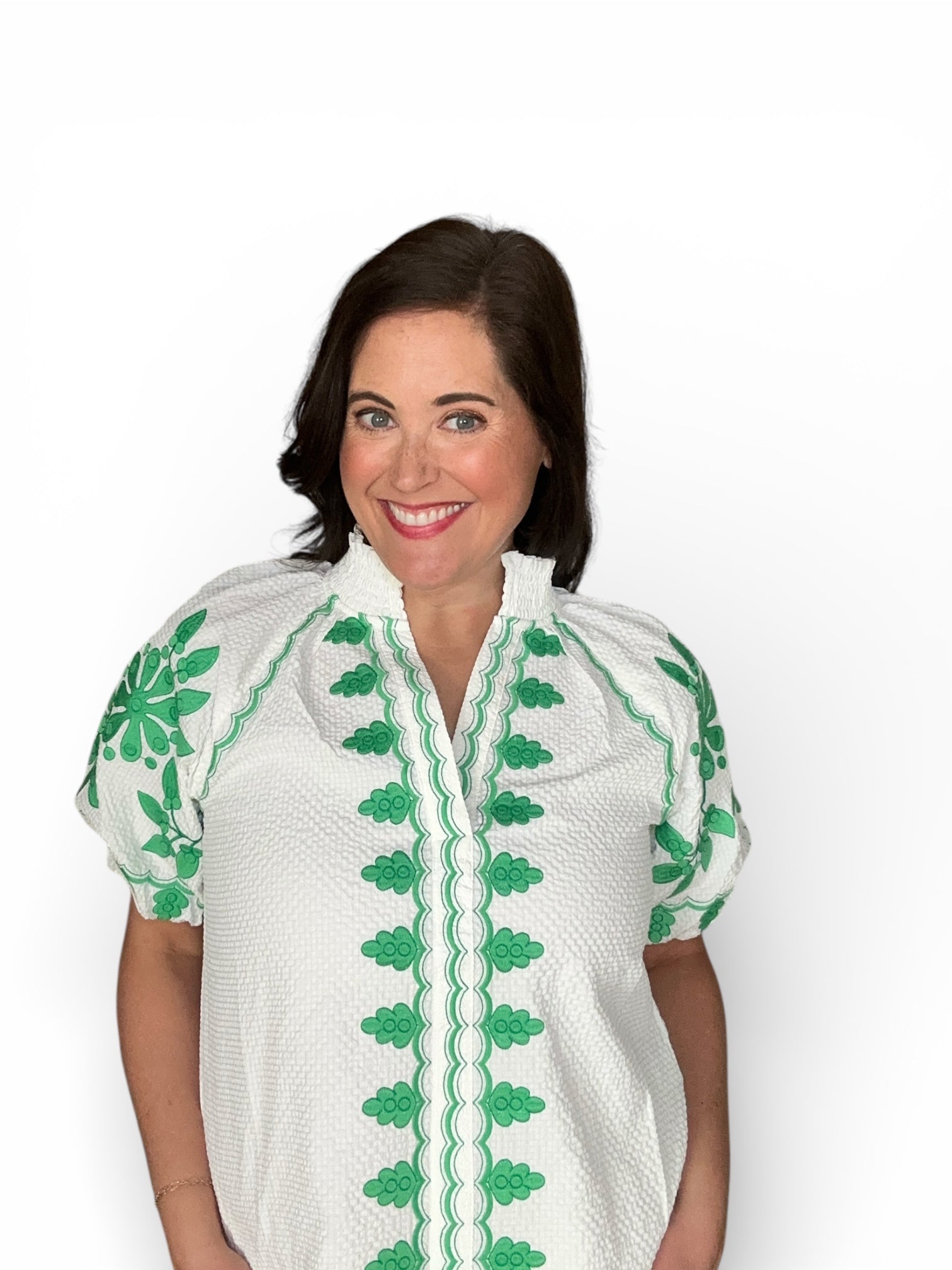 Eliana THML Embroidered Smocked Neck Puff Top - The Girl on Ivy