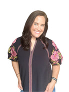 Navy THML Embroidered Puff Sleeve V-Neck Top - The Girl on Ivy