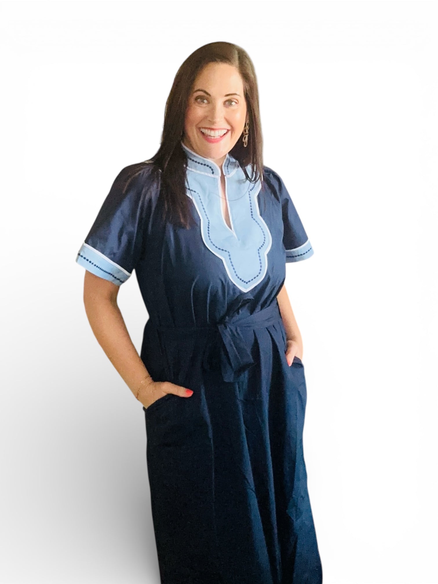 Caroline Short Sleeve Trimmed V-Neck Belted Dress (Navy) - The Girl on Ivy