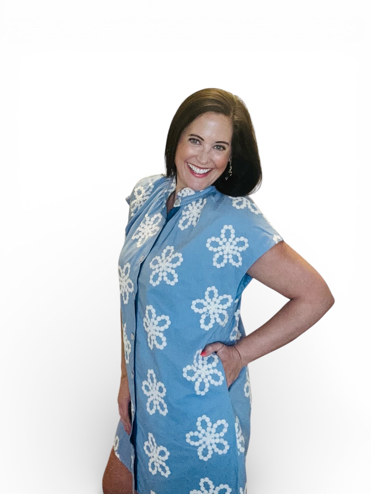 Ebony Embroidered Ruffle Collar Cap Sleeve Dress - The Girl on Ivy