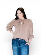 AINSLEY NECKTIE LONG SLEEVE WITH SMOCKED CUFF TOP - The Girl on Ivy