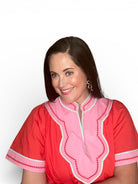 Caroline Short Sleeve Trimmed V-Neck Belted Dress (Red) - The Girl on Ivy