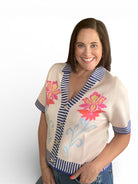 Knitted Pink and yellow  Floral with blue and white Stripe Trim Button Top 