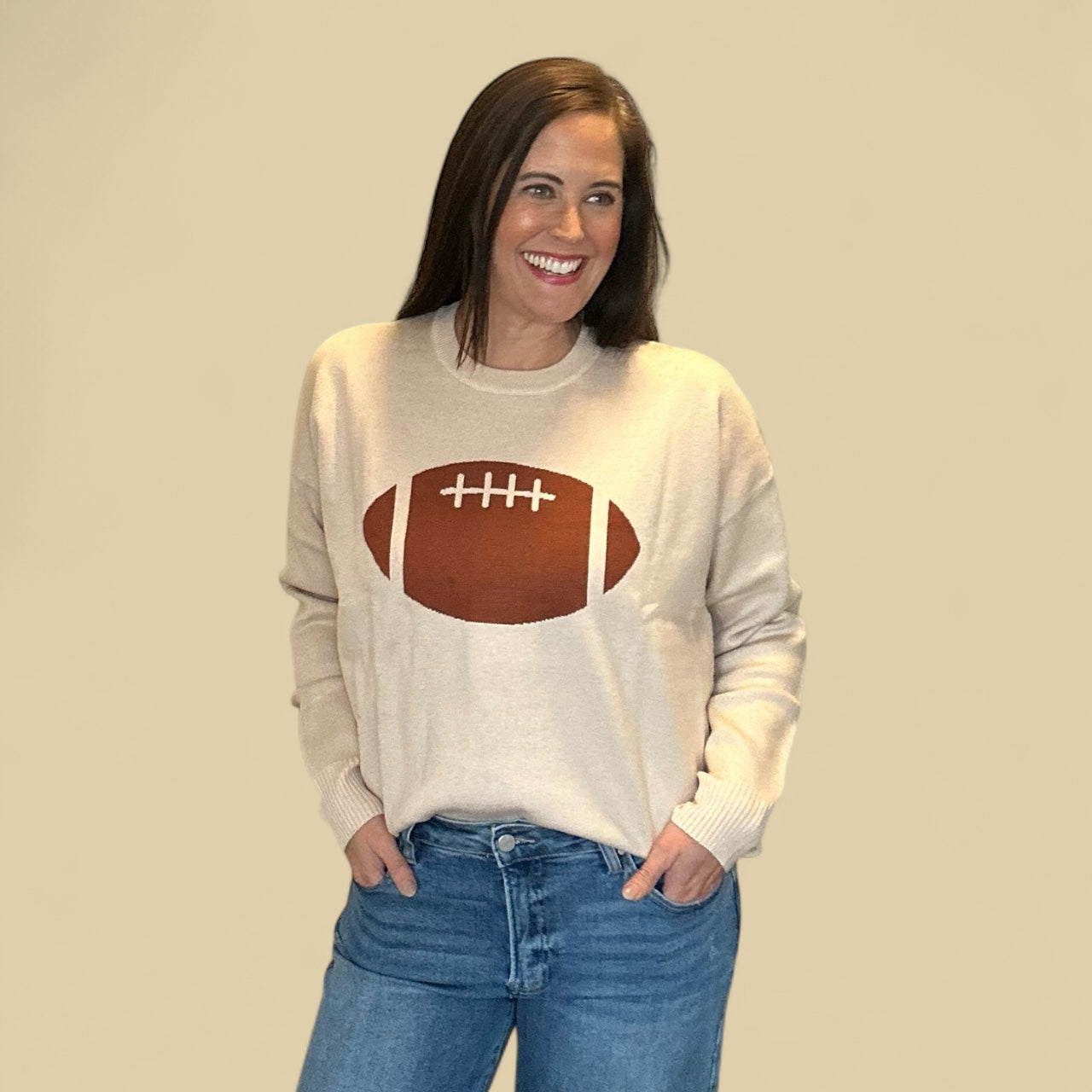 Cream Football Jaquard Sweater - The Girl on Ivy