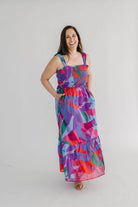 colorful abstract patterned maxi dress with smocked chest and thick straps