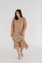 dress and sweater set in taupe grey, tan, or mulberry satin v-neck elastic waist dress with pleated midi skirt and matching knit sweater. 