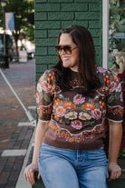 short sleeve knit brown sweater top with floral pattern