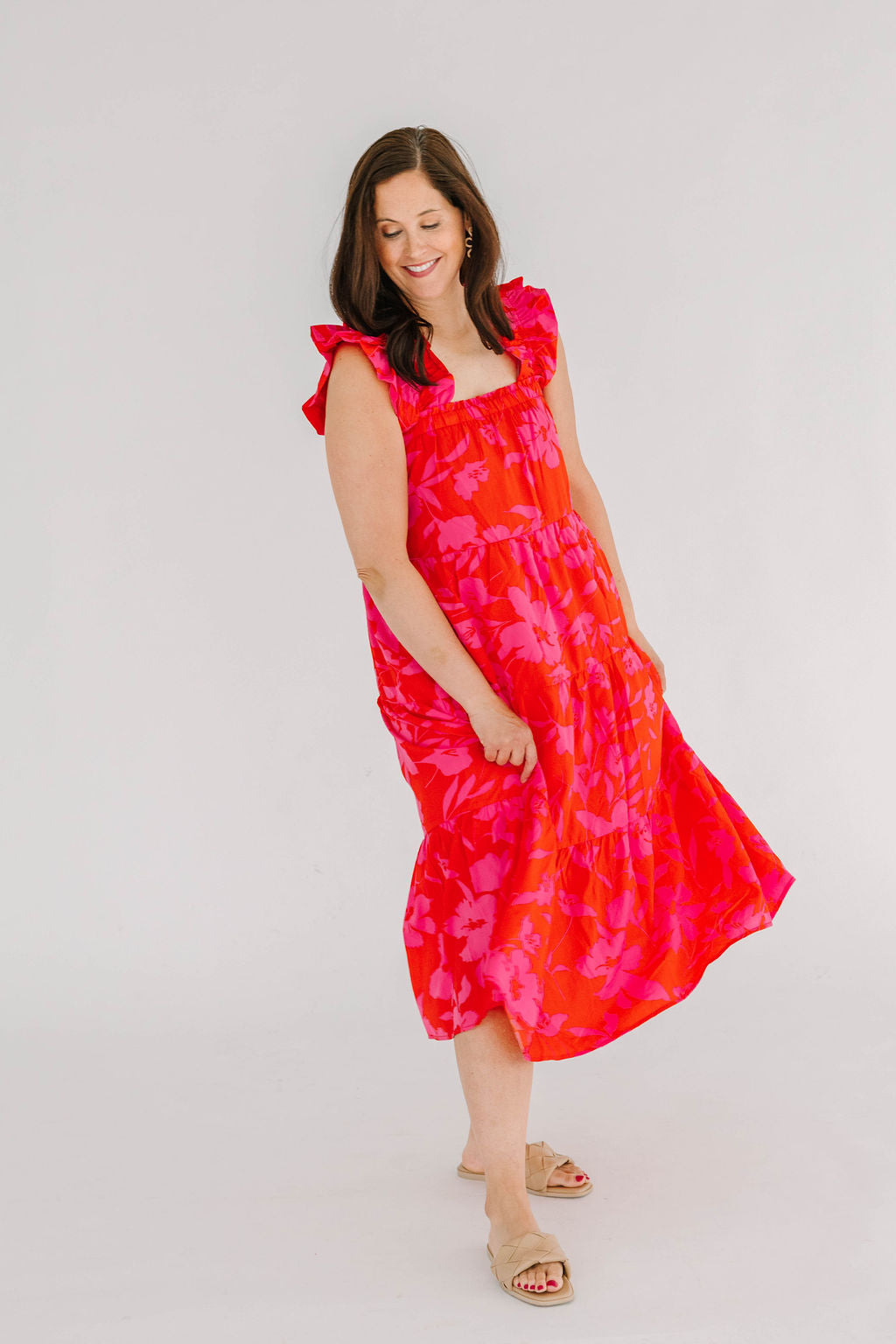  bright pink and red floral dress with wide ruffle straps