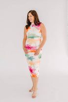 watercolor floral midi stretch mesh dress with high neck and zipper back closure