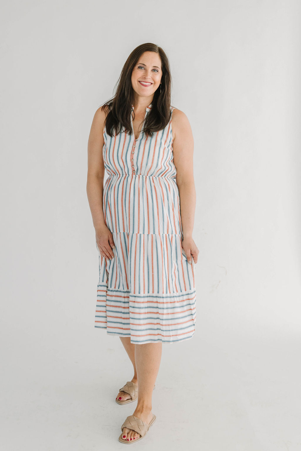 Striped Button Front 100%Cotton Tired Midi Dress - The Girl on Ivy