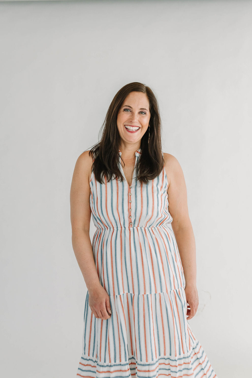 stripe midi dress with v-neck smock waist sleeveless