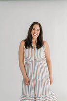 stripe midi dress with v-neck smock waist sleeveless