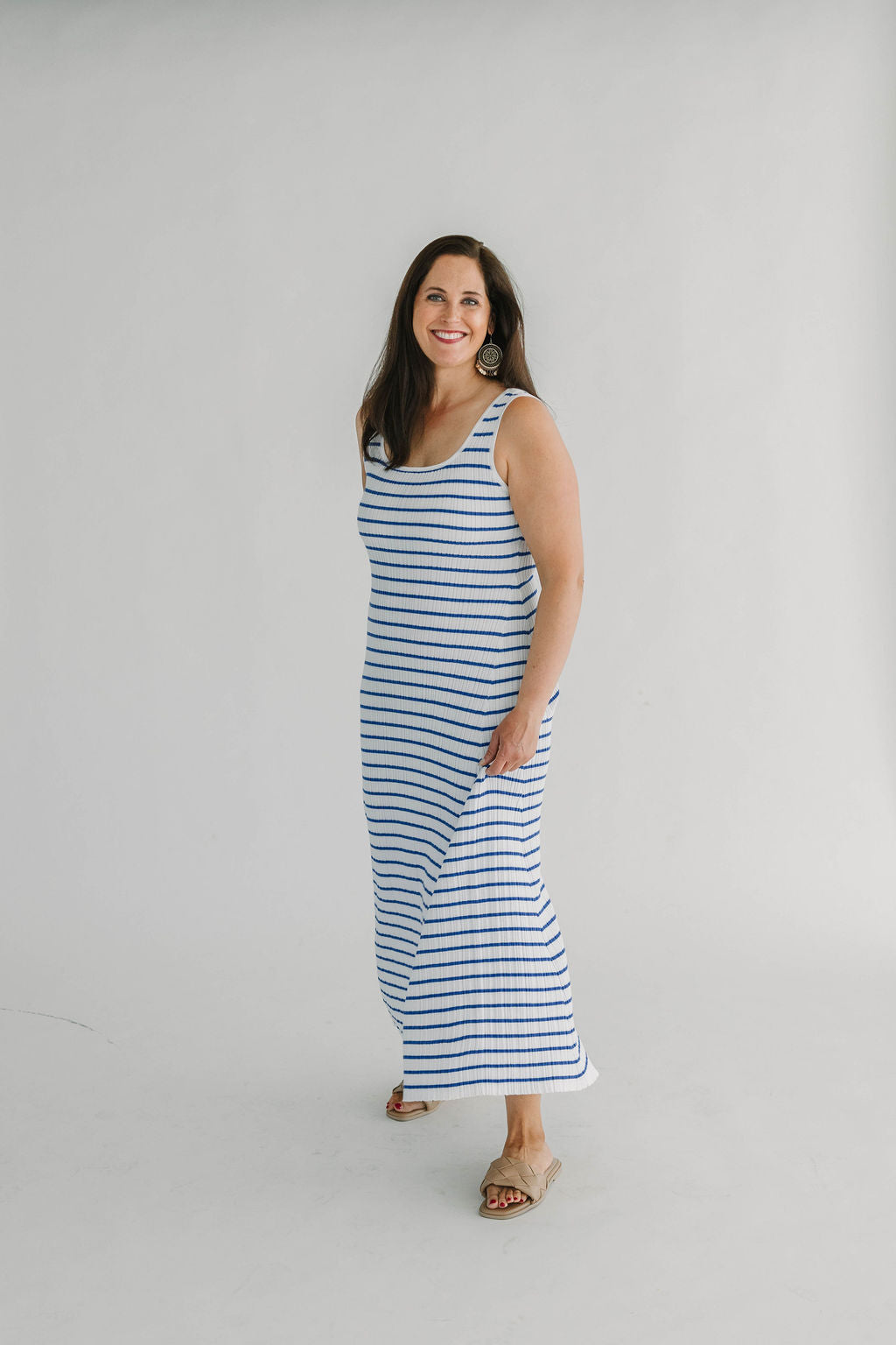 Blue and white stripe knit tank maxi dress