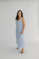 Blue and white stripe knit tank maxi dress