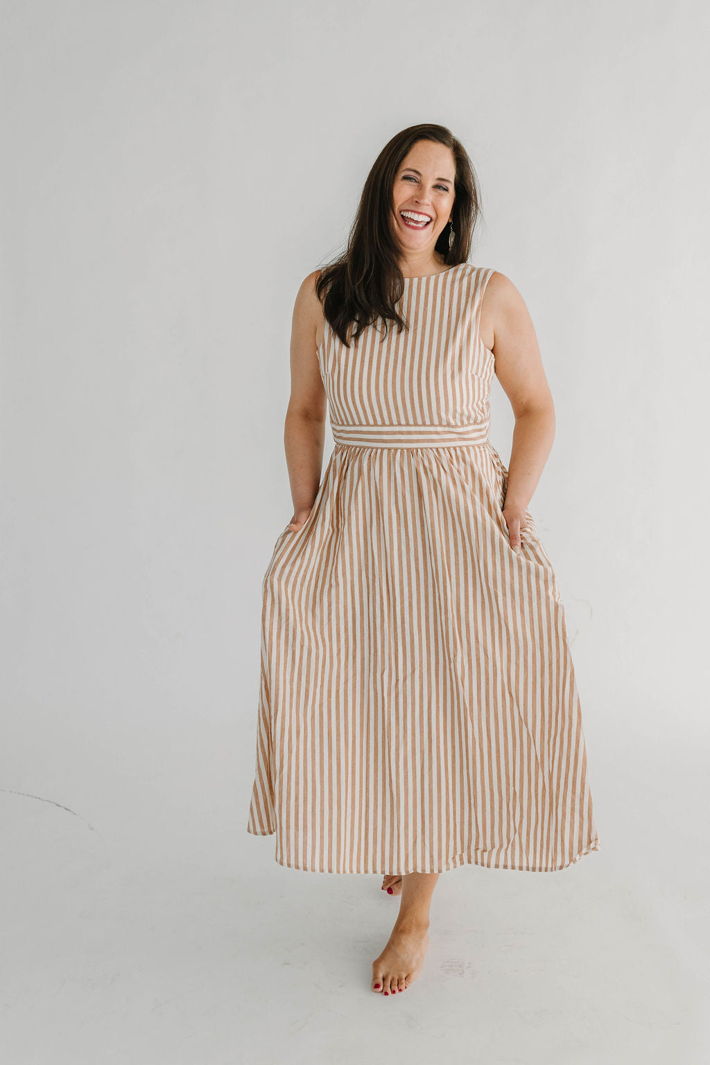  tan and white Striped Woven Midi Dress with tie in the back 