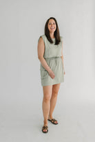 Sage Muscle Utility Mini Dress with elastic tie waist