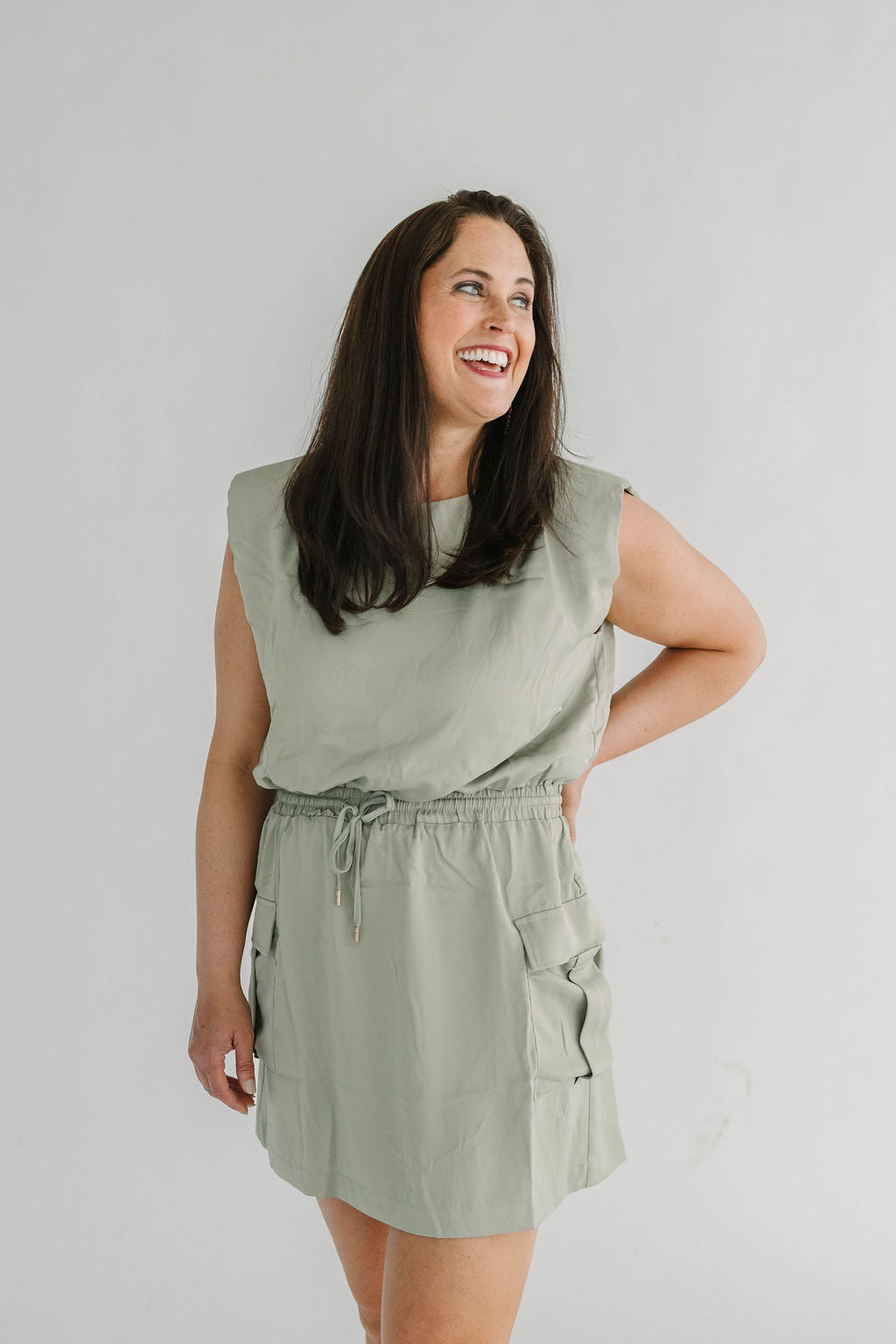 Sage Muscle Utility Mini Dress - The Girl on Ivy