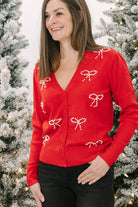 Jaina Pearl Bow Cardigan (Available in Red and Black) - The Girl on Ivy