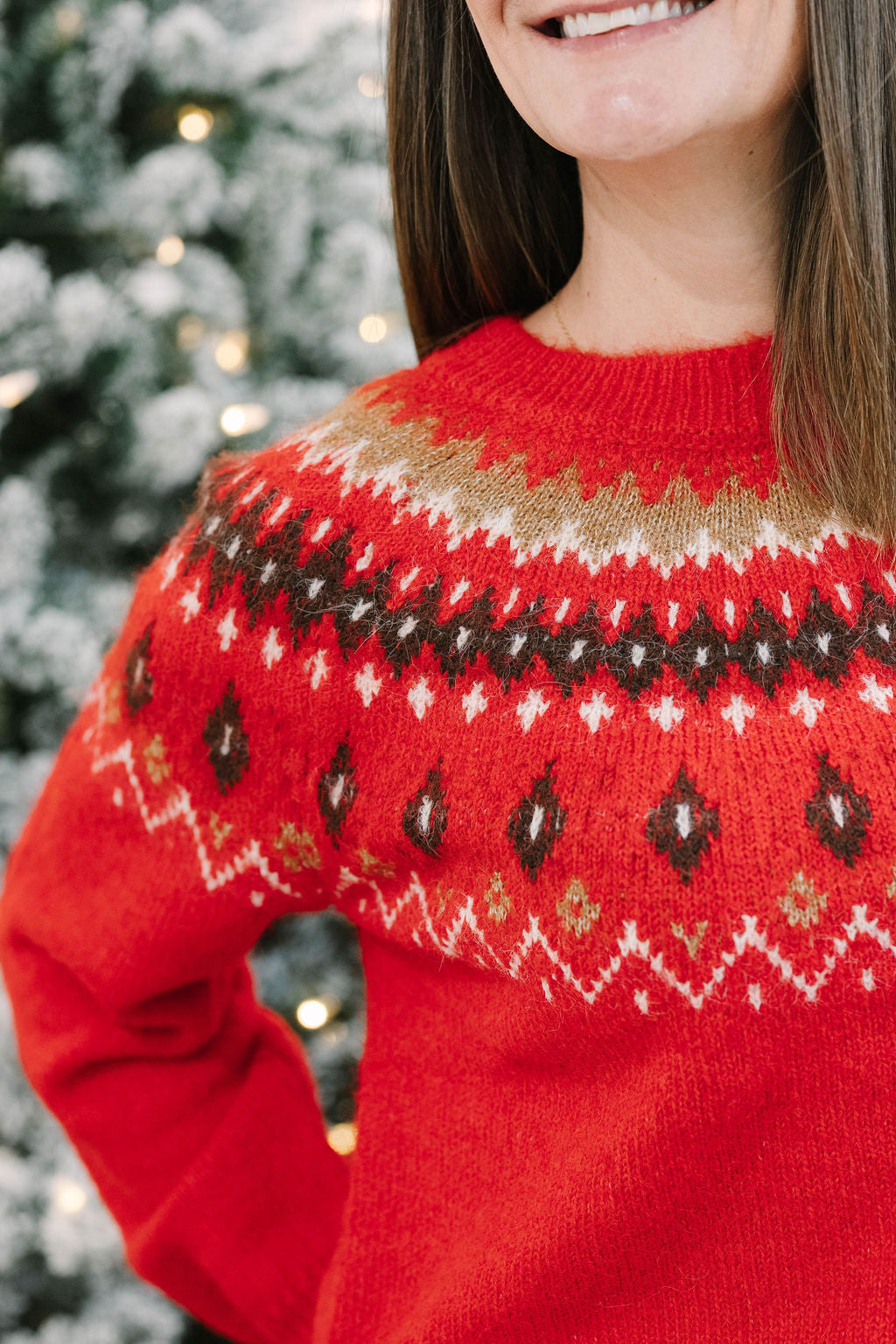 RED FUZZY FAIR ISLE CREW NECK KNIT PULLOVER SWEATER - The Girl on Ivy