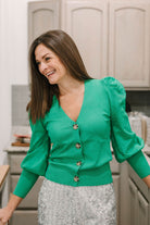 V-Neck Blouson Sleeve Button Detail Knitted Cardigan - The Girl on Ivy