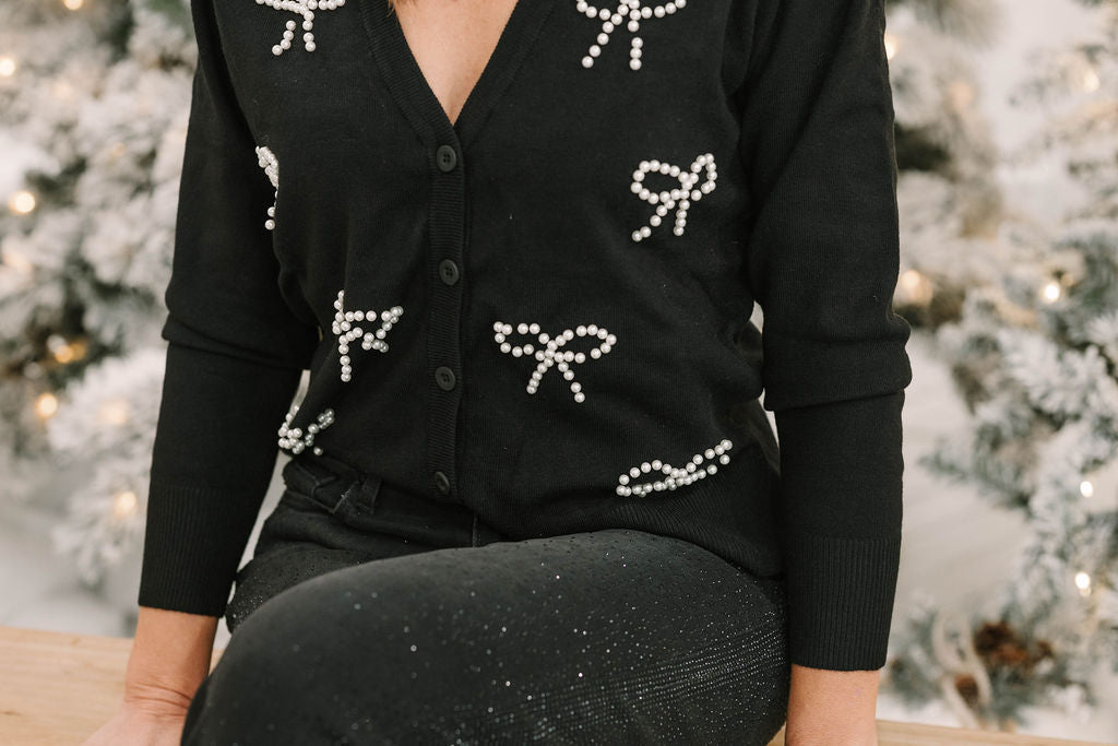 Jaina Pearl Bow Cardigan (Available in Red and Black) - The Girl on Ivy