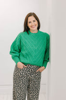 Green Crew Neck Long Balloon Chunky Knit Pompom Sweater - The Girl on Ivy