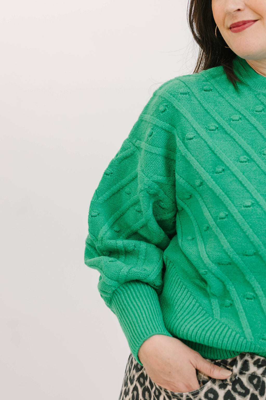 Green Crew Neck Long Balloon Chunky Knit Pompom Sweater - The Girl on Ivy