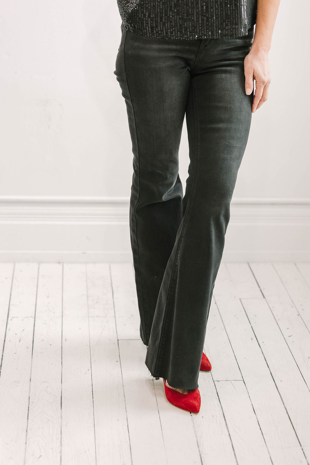 Black High Rise Flare Raw Cut Hem Jeans - The Girl on Ivy