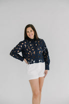 Navy Eyelet Detailed Long Sleeve button down Top 