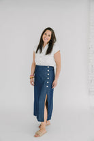 Blue Long Side Button Slit Skirt 