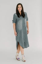 Danielle Roll Tab 3/4 Sleeve Tencel Denim Shirt Midi Dress - The Girl on Ivy