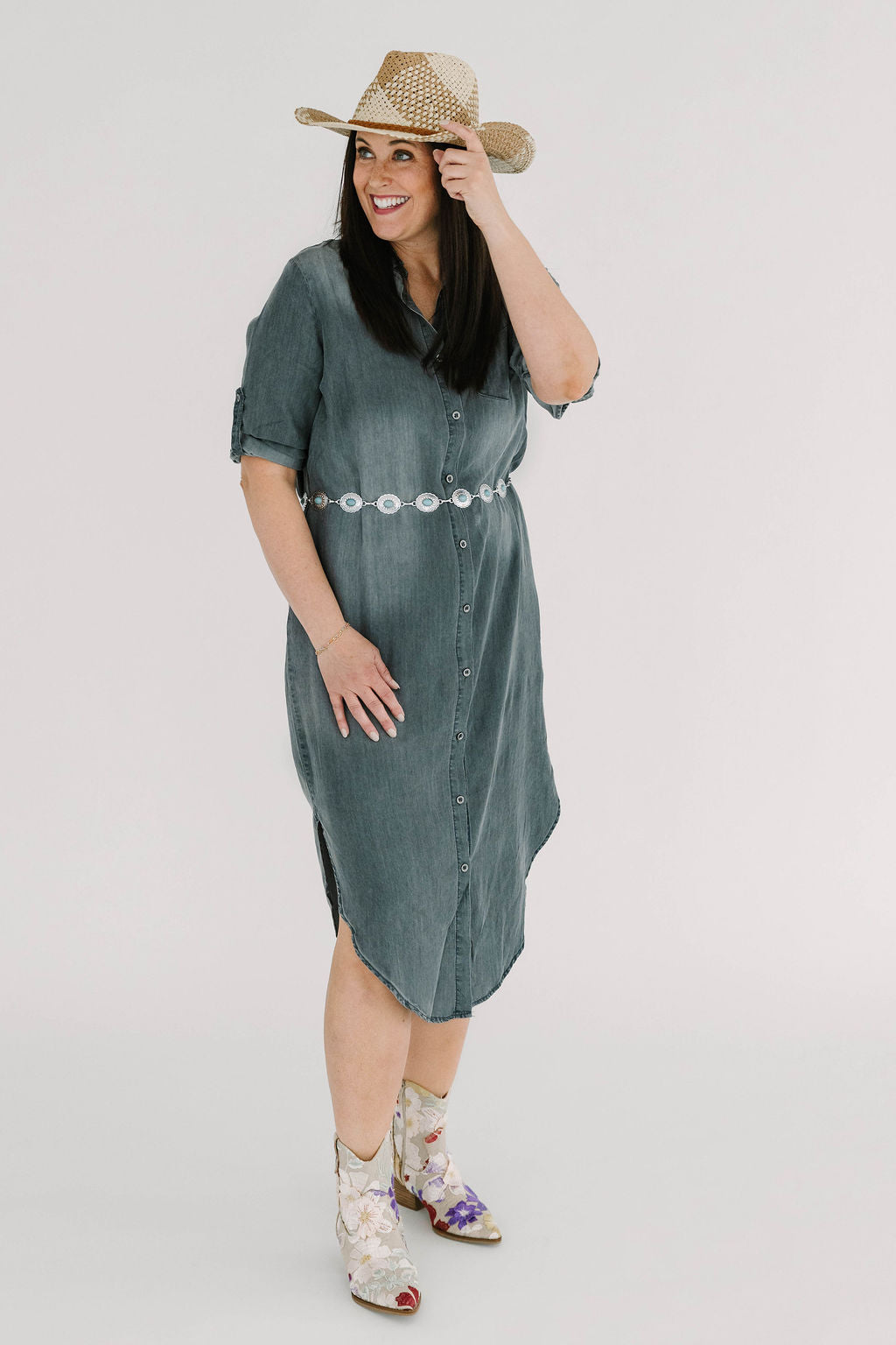 Danielle Roll Tab 3/4 Sleeve Tencel Denim Shirt Midi Dress - The Girl on Ivy