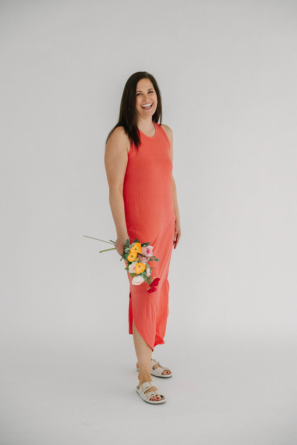 casual coral summer midi dress with back cut out detail