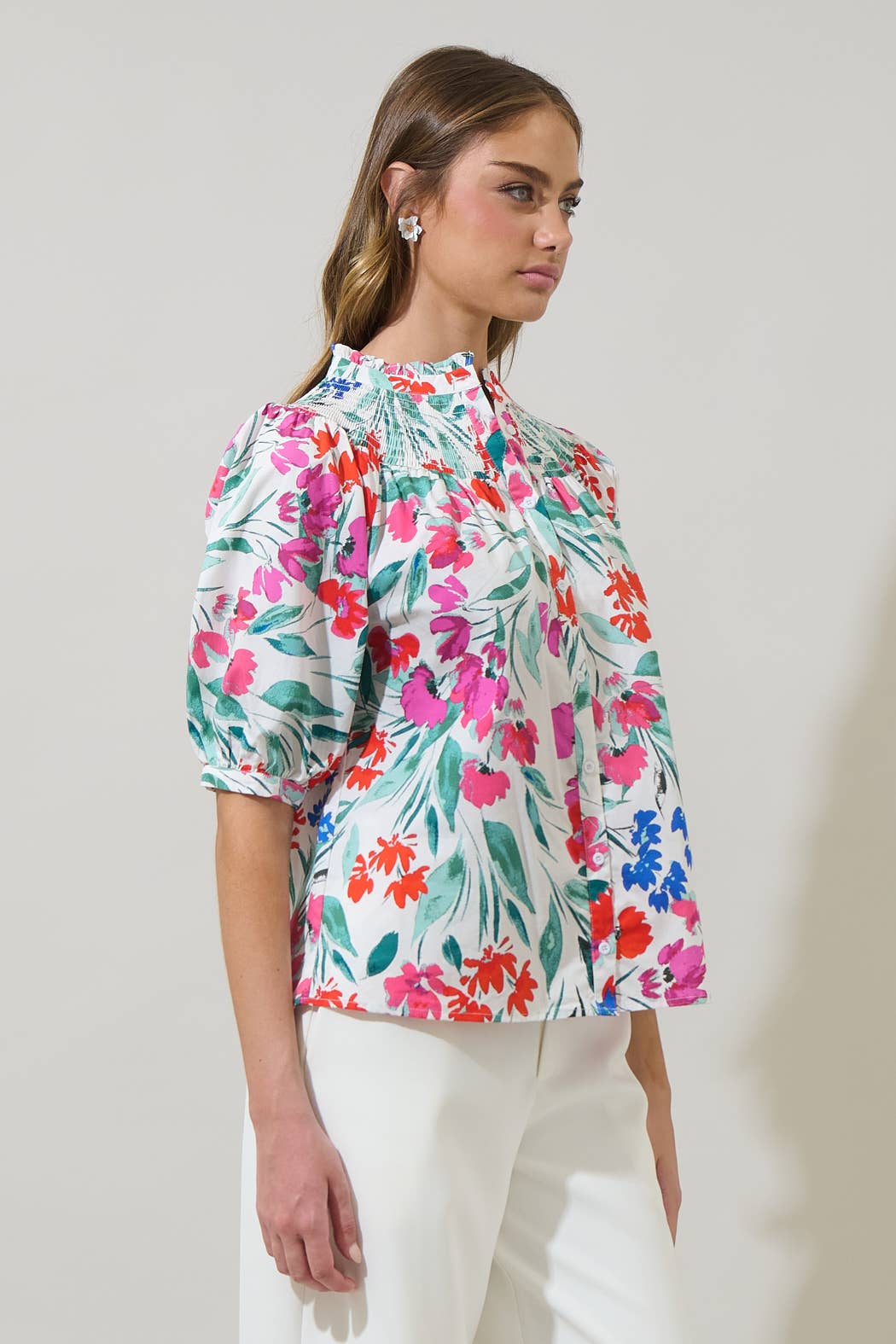Kivia Blossom Smocked Mock Neck Top - The Girl on Ivy