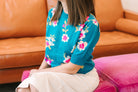 Floral Pattern Mock Neck Short Sleeve Knitted Top - The Girl on Ivy