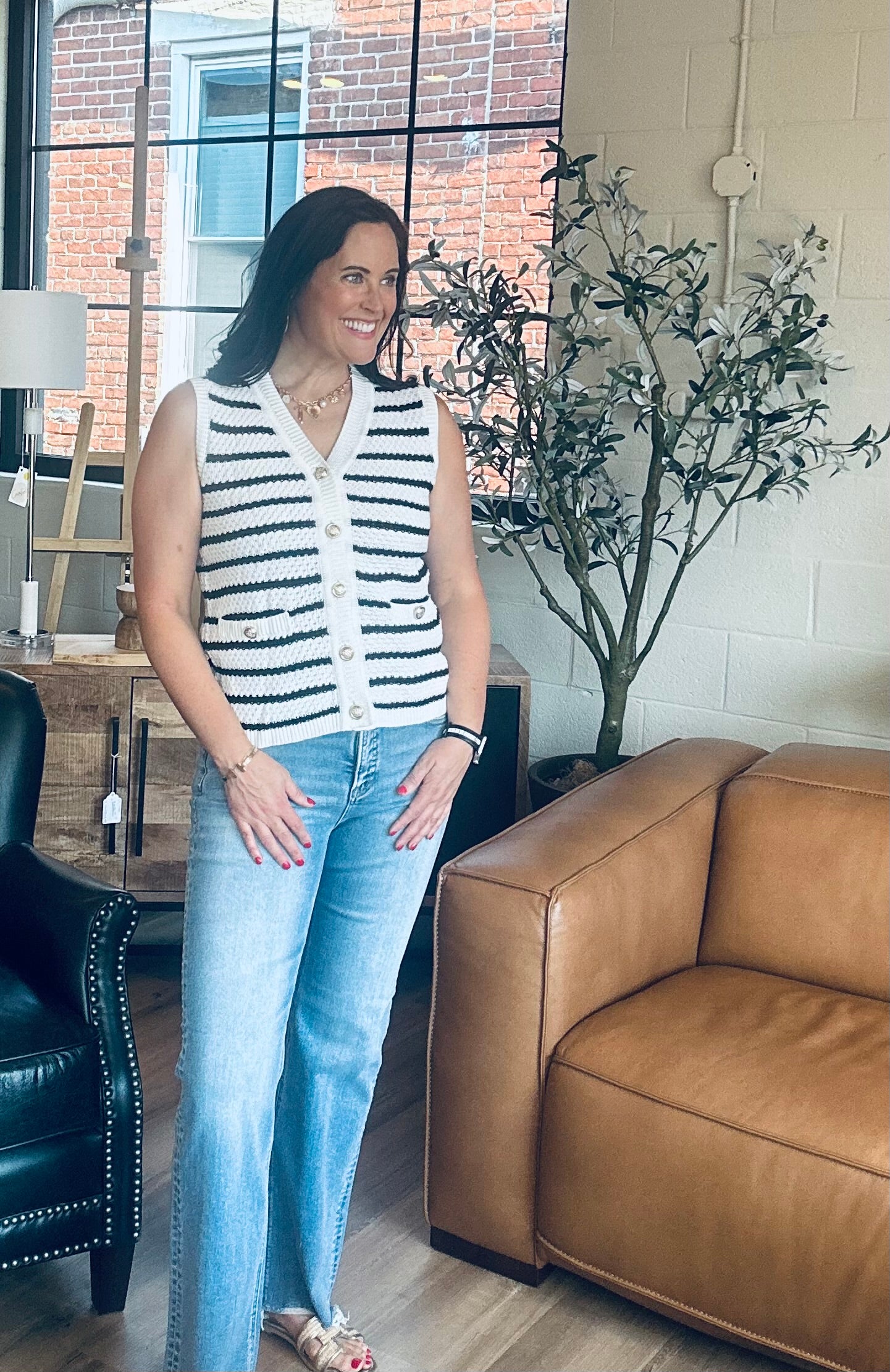 Stripe V Neck Gold Button Sweater Vest - The Girl on Ivy