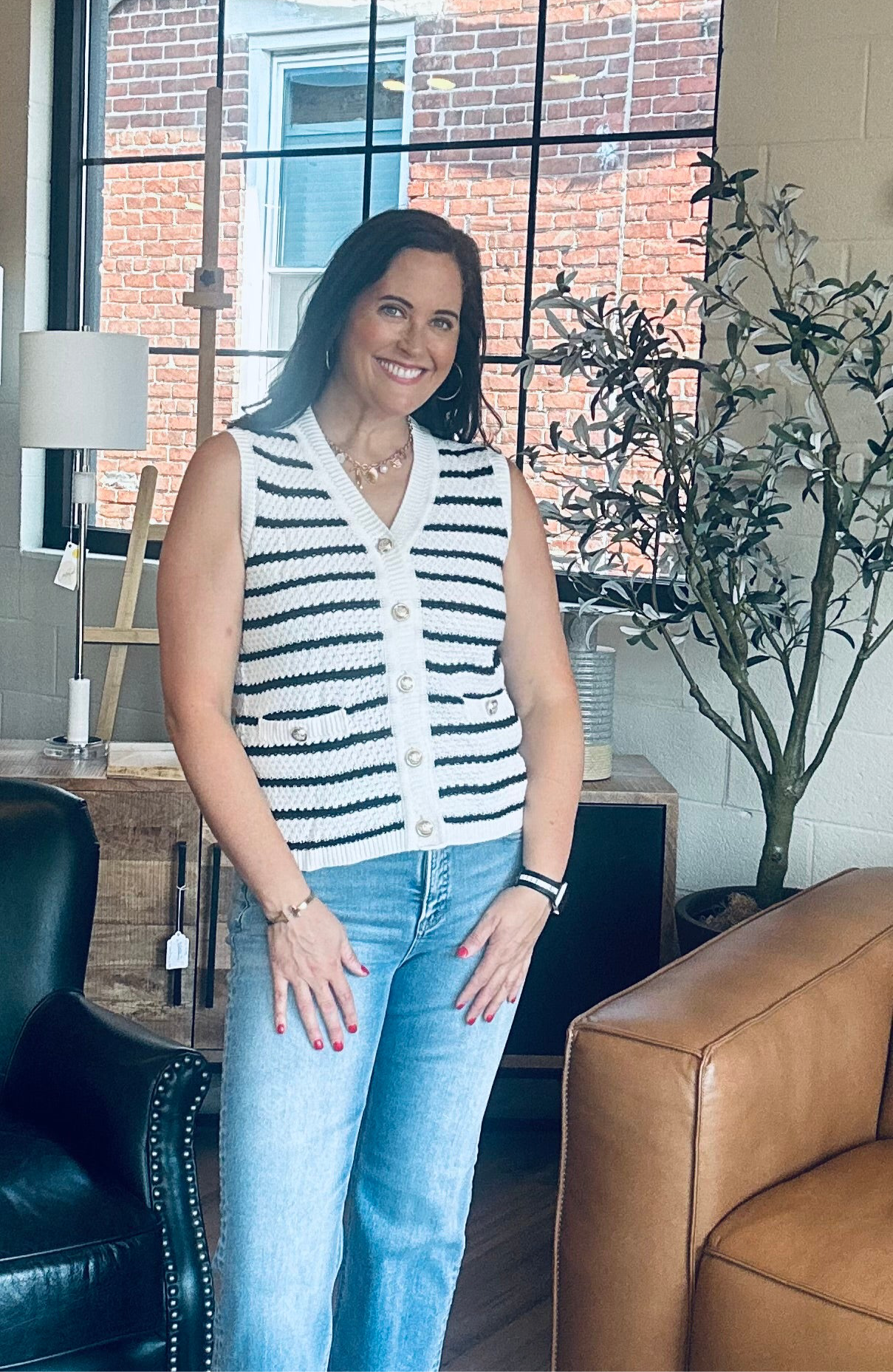 Stripe V Neck Gold Button Sweater Vest - The Girl on Ivy