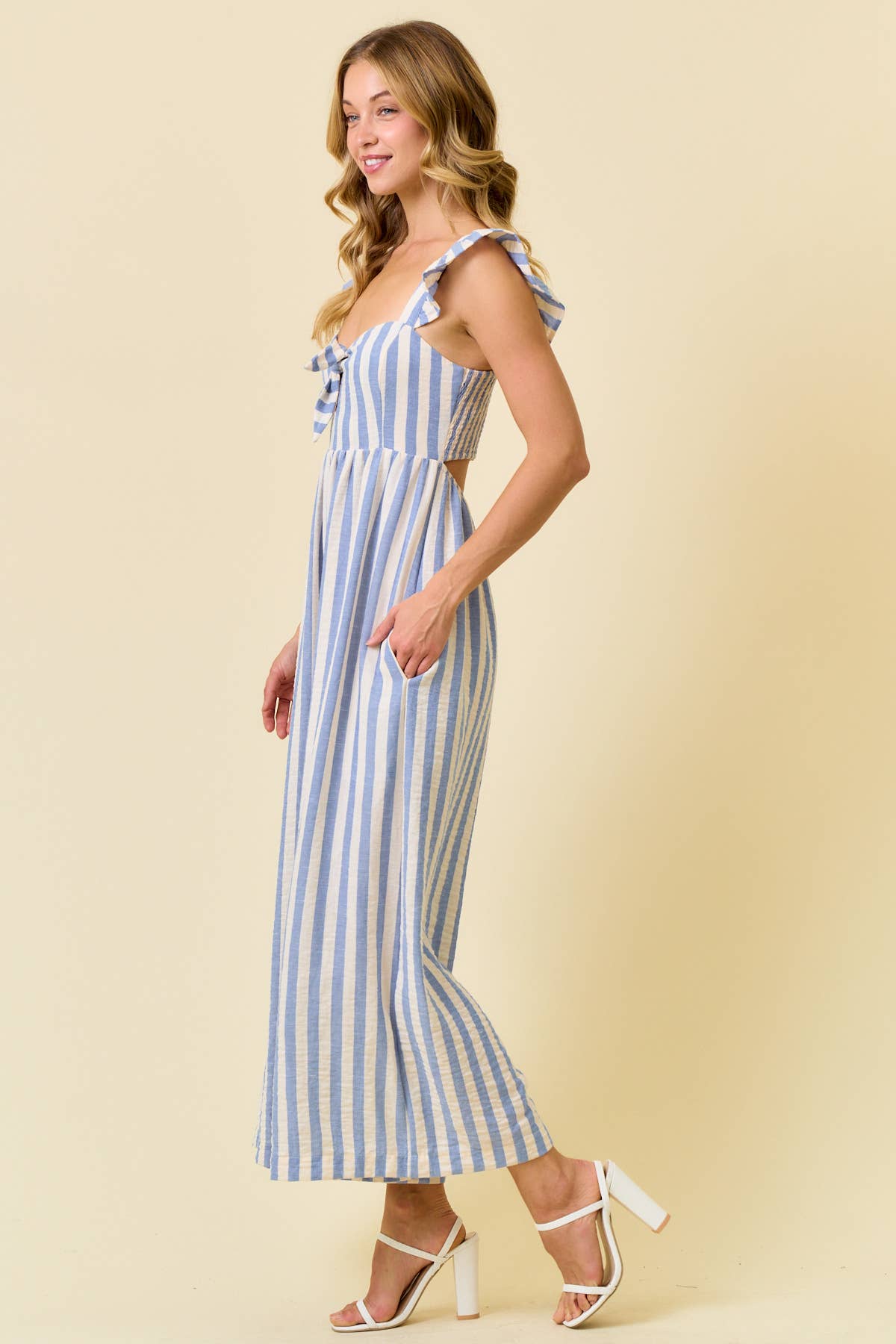 STRIPE COTTON GAUZE WIDE LEG CULOTTE JUMPSUIT - 28215R - The Girl on Ivy