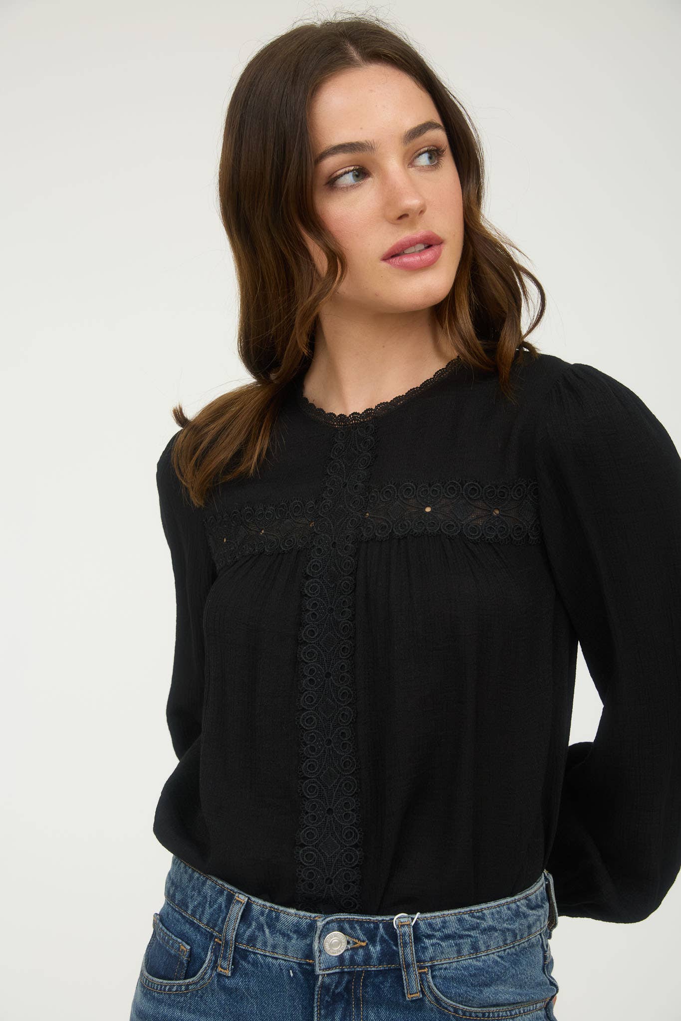 LACE DETAIL ROUND NECK LONG SLEEVE BLOUSE - The Girl on Ivy