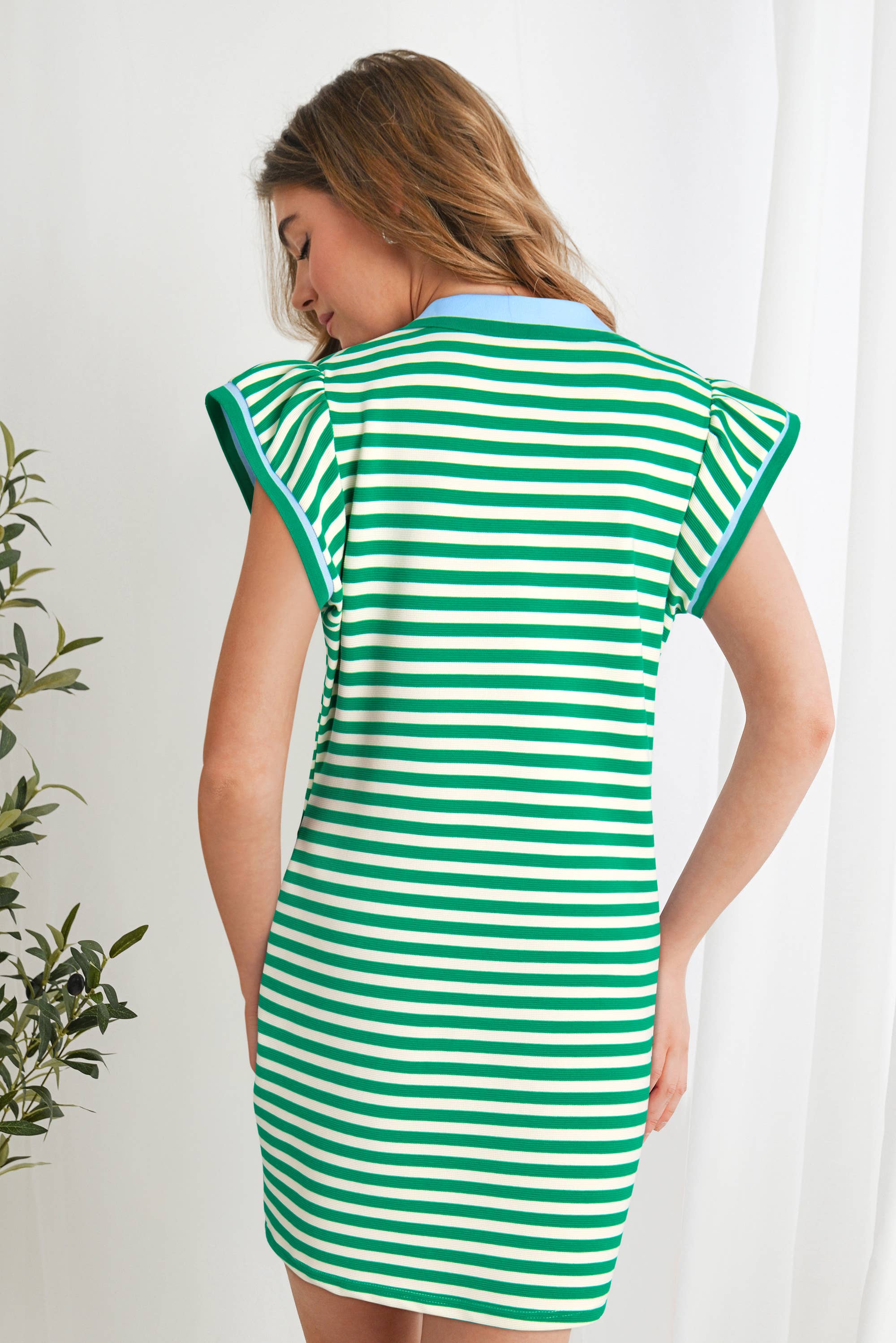 Contrast Striped Ruffle Short Sleeve V-Neck Fit Dress - The Girl on Ivy